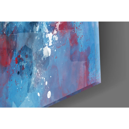 Vibrant pier splash glass wall art with bold blue, red, white paint