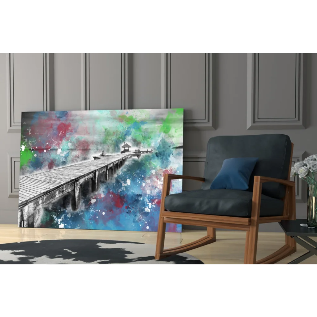 Vibrant abstract watercolor pier painting in blue green red on canvas wall art