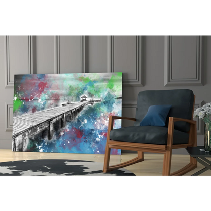 Vibrant abstract watercolor pier painting in blue green red on canvas wall art
