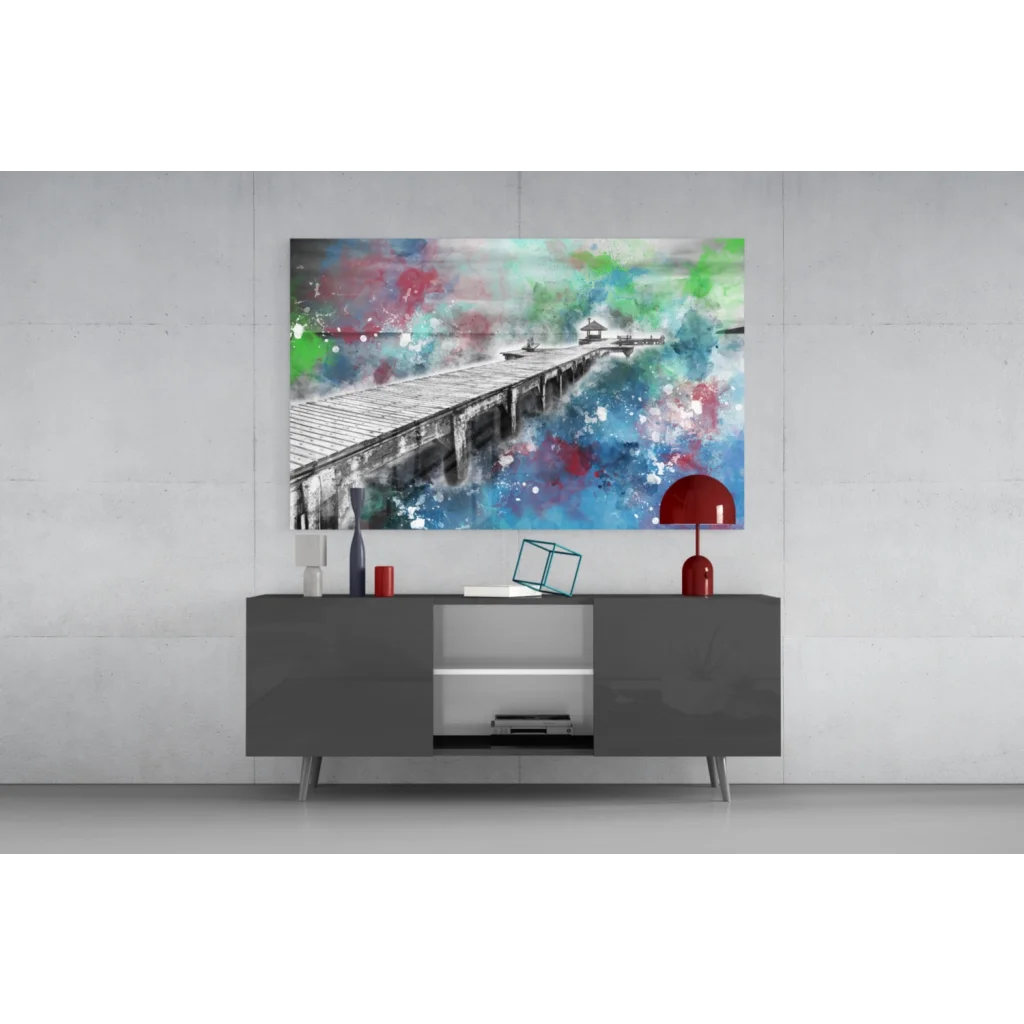 Vibrant abstract watercolor pier in blue green red on glass wall art