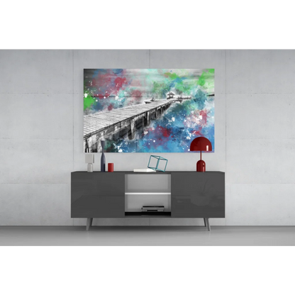 Vibrant abstract watercolor pier in blue green red on glass wall art