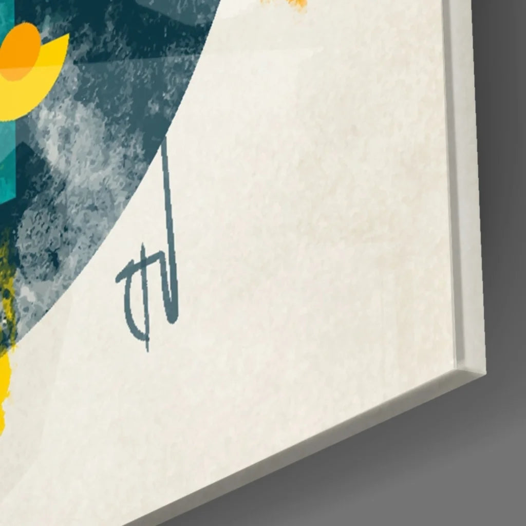 Bold geometric teal and orange glass wall art on textured canvas