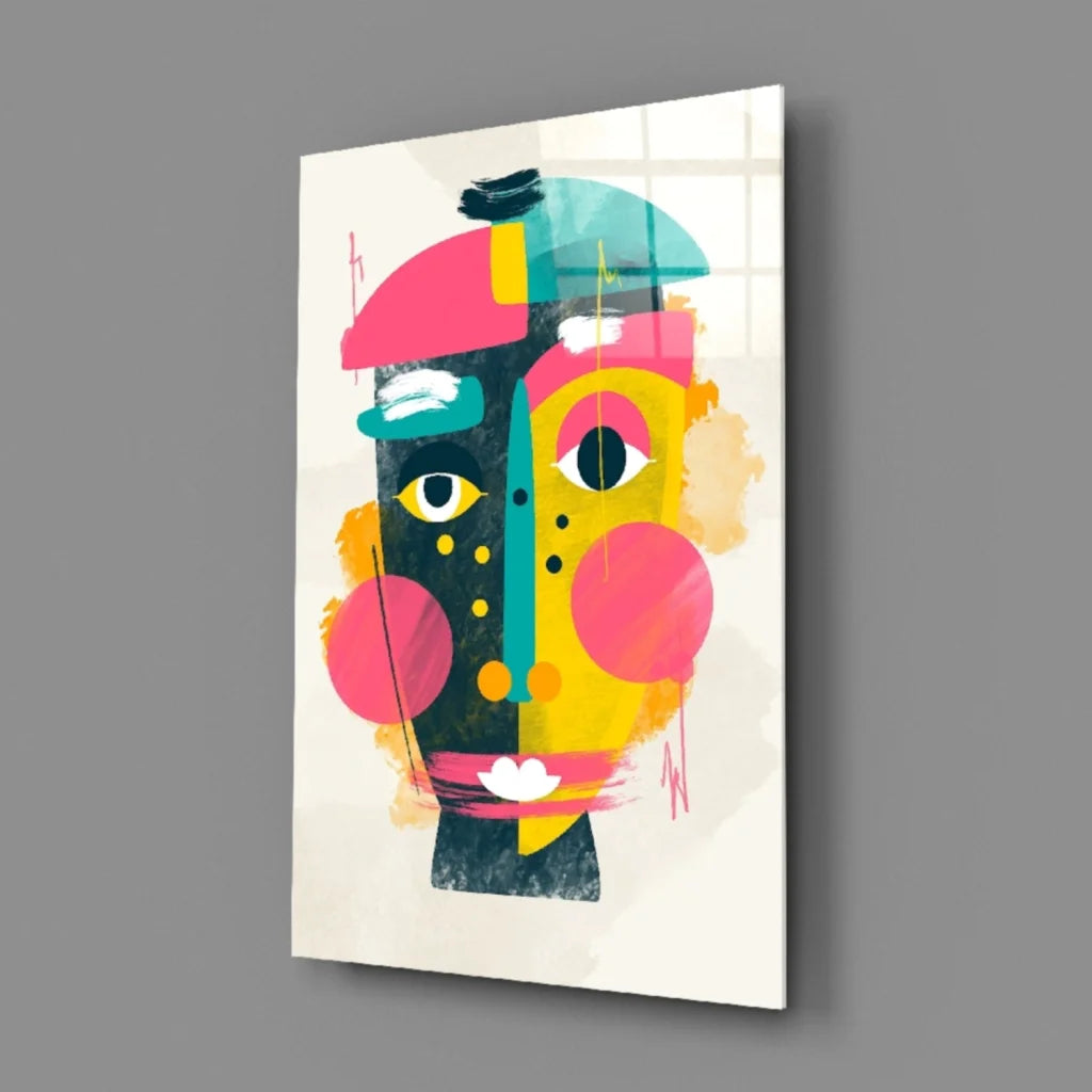 Vibrant bold geometric face glass wall art in pink yellow teal