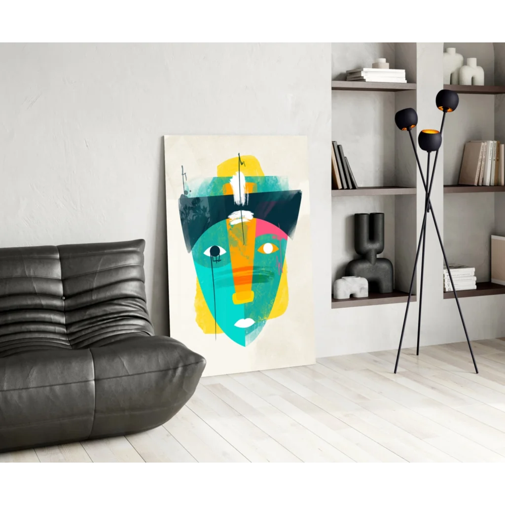 Vibrant abstract face on glass wall art with teal, yellow, orange shapes