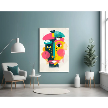 Vibrant geometric face glass wall art in bold pink, yellow, teal on cream