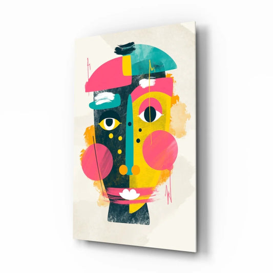 Vibrant geometric face glass wall art in pink, teal, yellow, black, orange