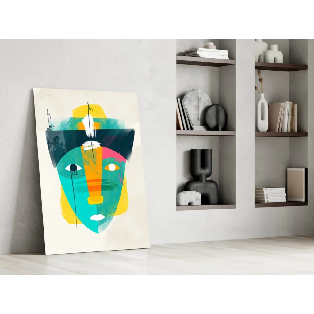 Vibrant abstract face glass wall art with teal, yellow, orange shapes on cream