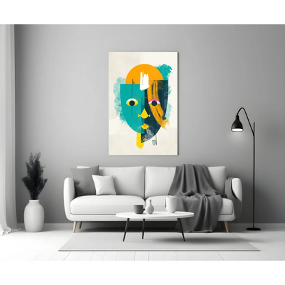 Bold geometric face glass wall art in vibrant teal and orange