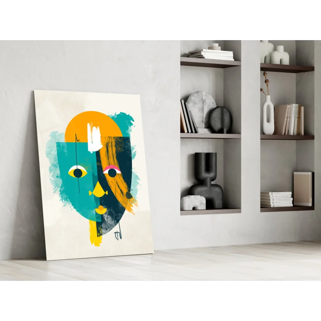 Bold geometric face glass wall art in vibrant teal and orange