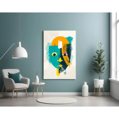 Bold geometric face glass wall art in teal, orange, black on white canvas
