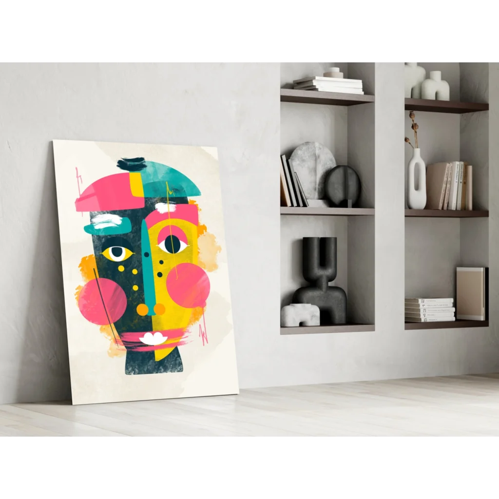 Vibrant geometric face glass wall art in bold pink, teal, yellow, black