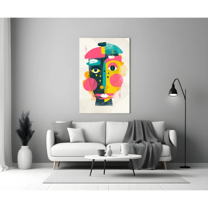 Vibrant geometric face glass wall art on white canvas in teal, pink, yellow