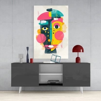 Vibrant geometric face glass wall art in pink teal yellow black white