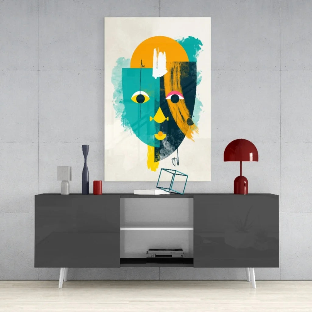 Bold teal and orange geometric face on glass wall art