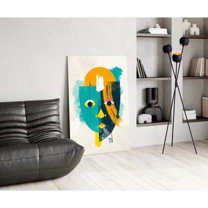 Bold teal and orange geometric face glass wall art on white canvas