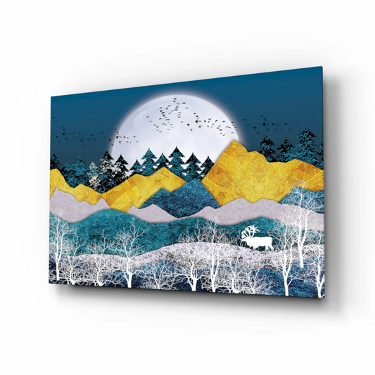 Golden Teal Mountain Peaks Canvas Wall Art with Moon and Birds | Insigneart USA | vintageantiquesgifts.com