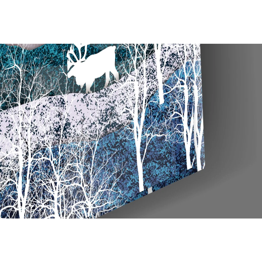 Abstract blue elk silhouette in teal mountain peaks wall art with moon and birds