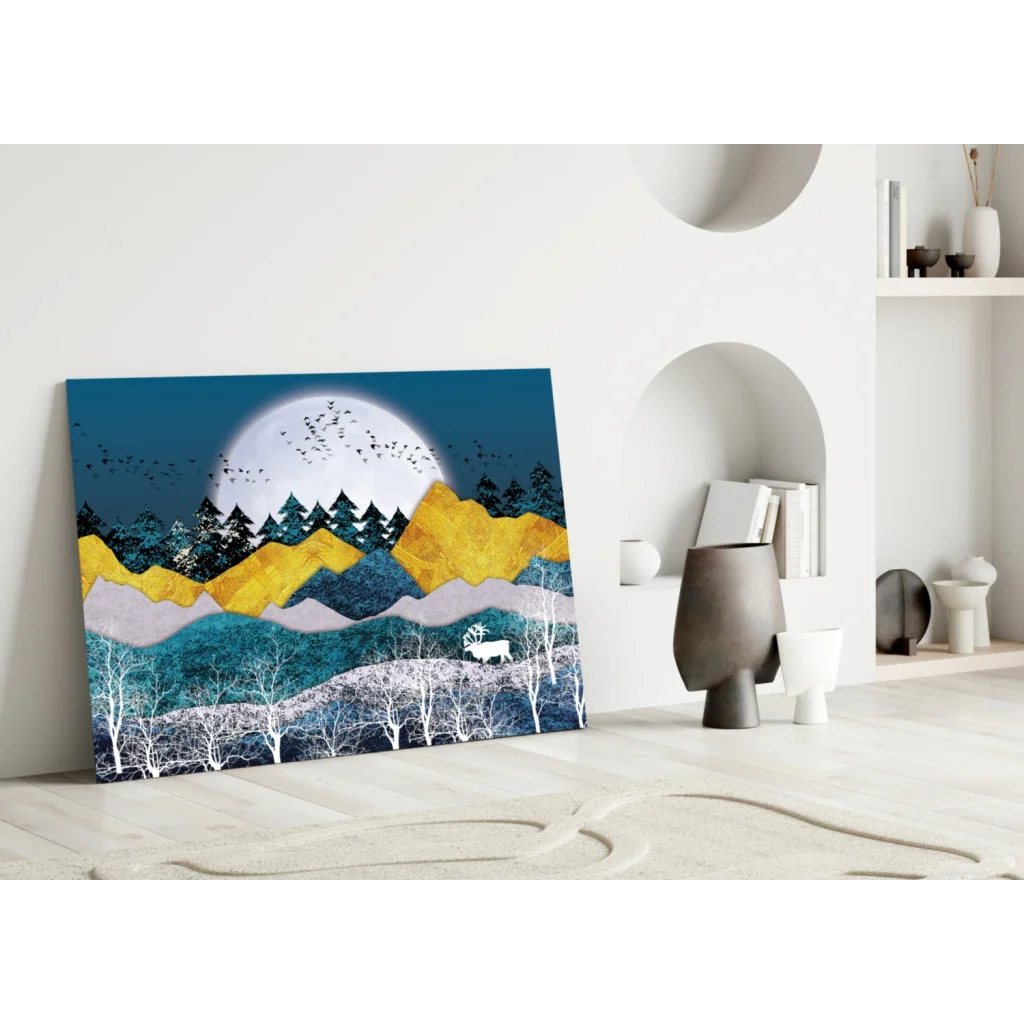 Vibrant golden teal mountain peaks wall art canvas with moon and birds