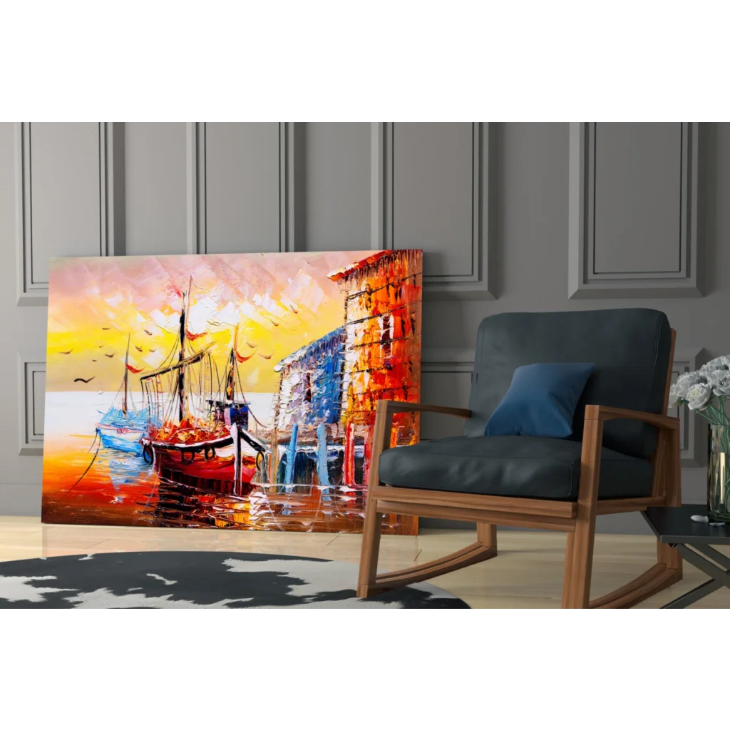 Vibrant abstract glass wall art of harbor with boats in orange, yellow, blue, red