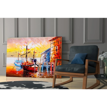 Vibrant abstract glass wall art of harbor with boats in orange, yellow, blue, red