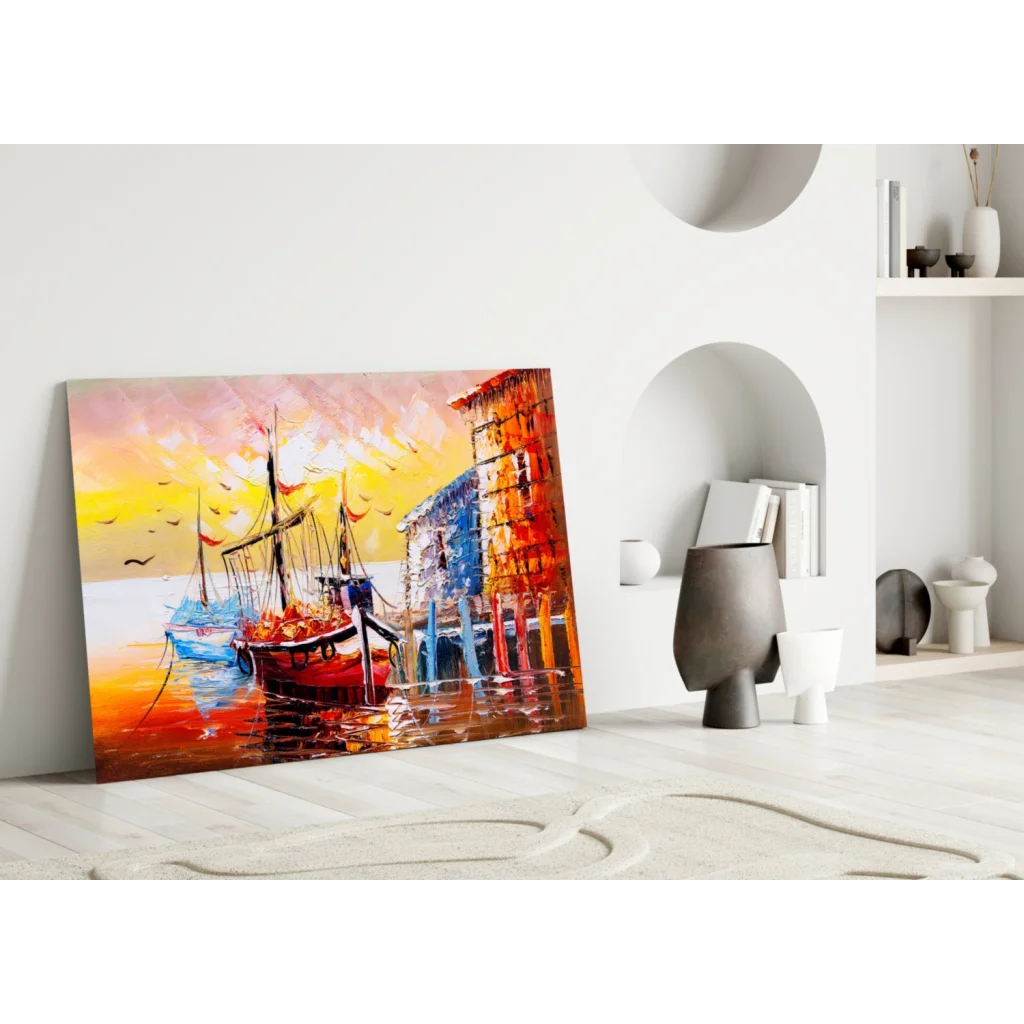 Vibrant impressionist glass wall art of harbor boats and sunset buildings