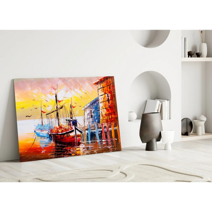 Vibrant impressionist glass wall art of harbor boats and sunset buildings