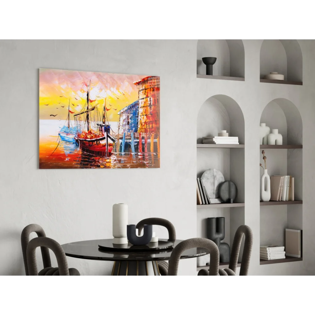 Vibrant glass wall art of harbor sunset with boats and bold colors