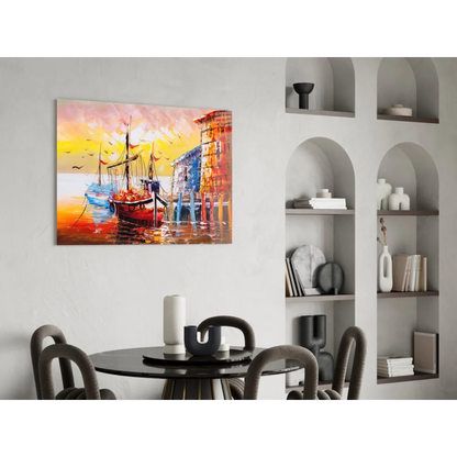 Vibrant glass wall art of harbor sunset with boats and bold colors