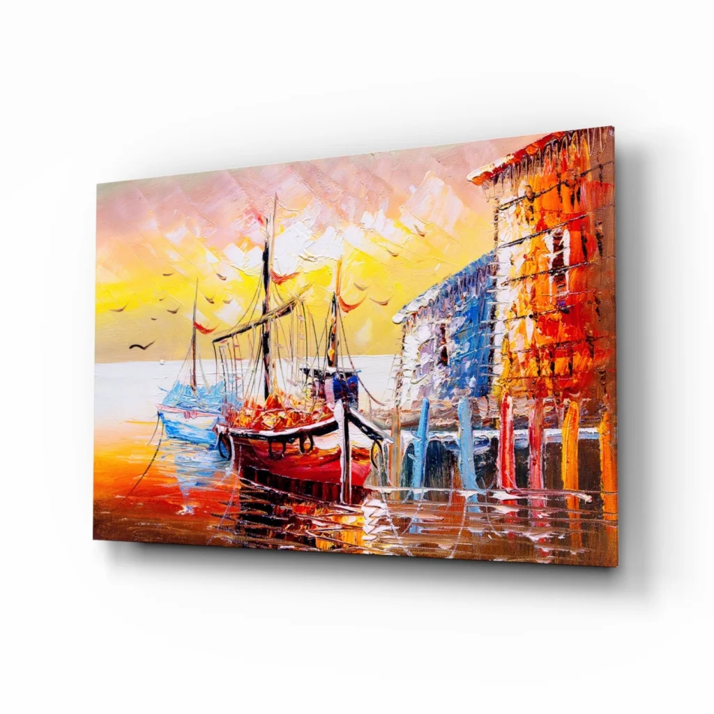 Vibrant abstract glass wall art of harbor scene in sunset hues