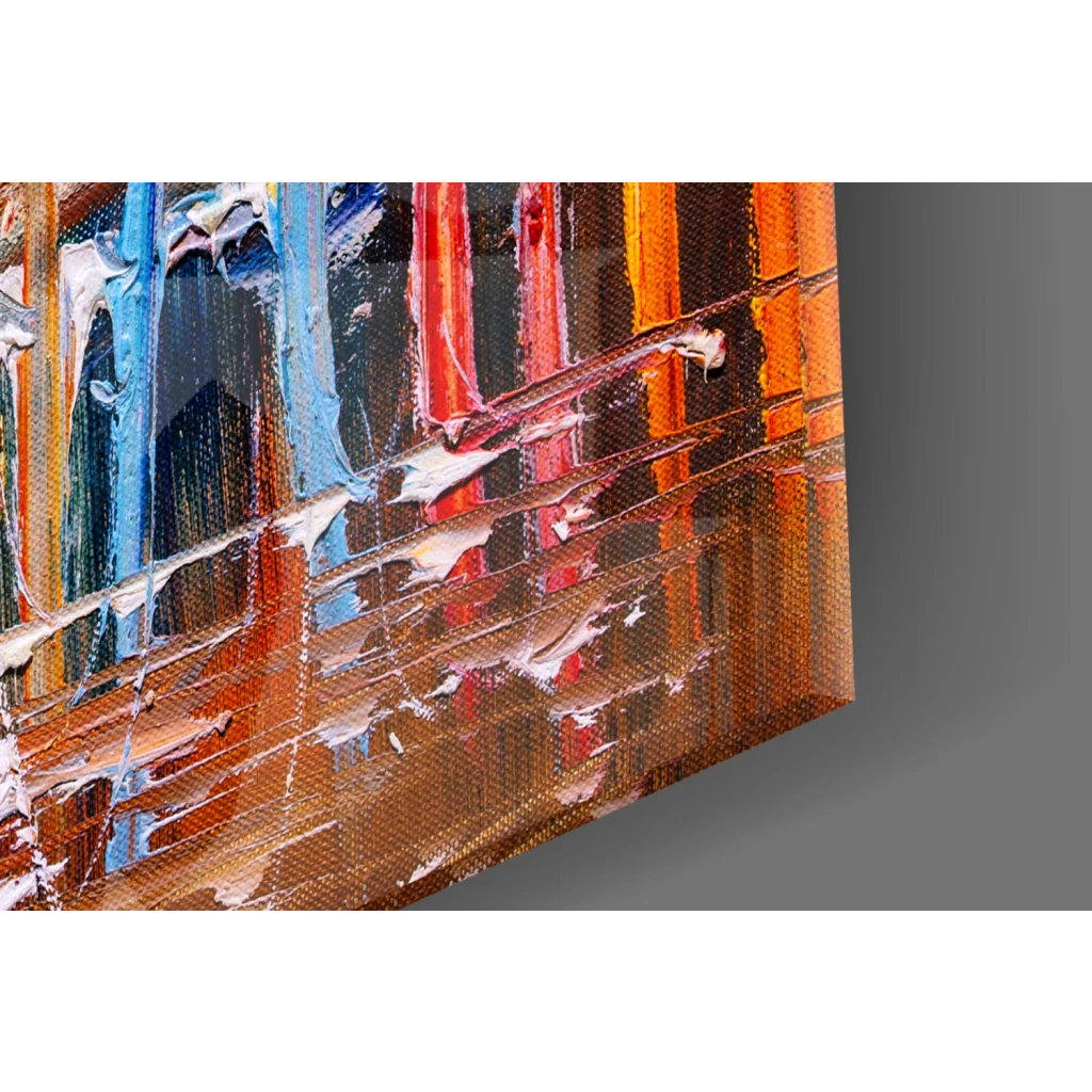 Vibrant abstract glass wall art print with impasto strokes in blue, red, orange, white
