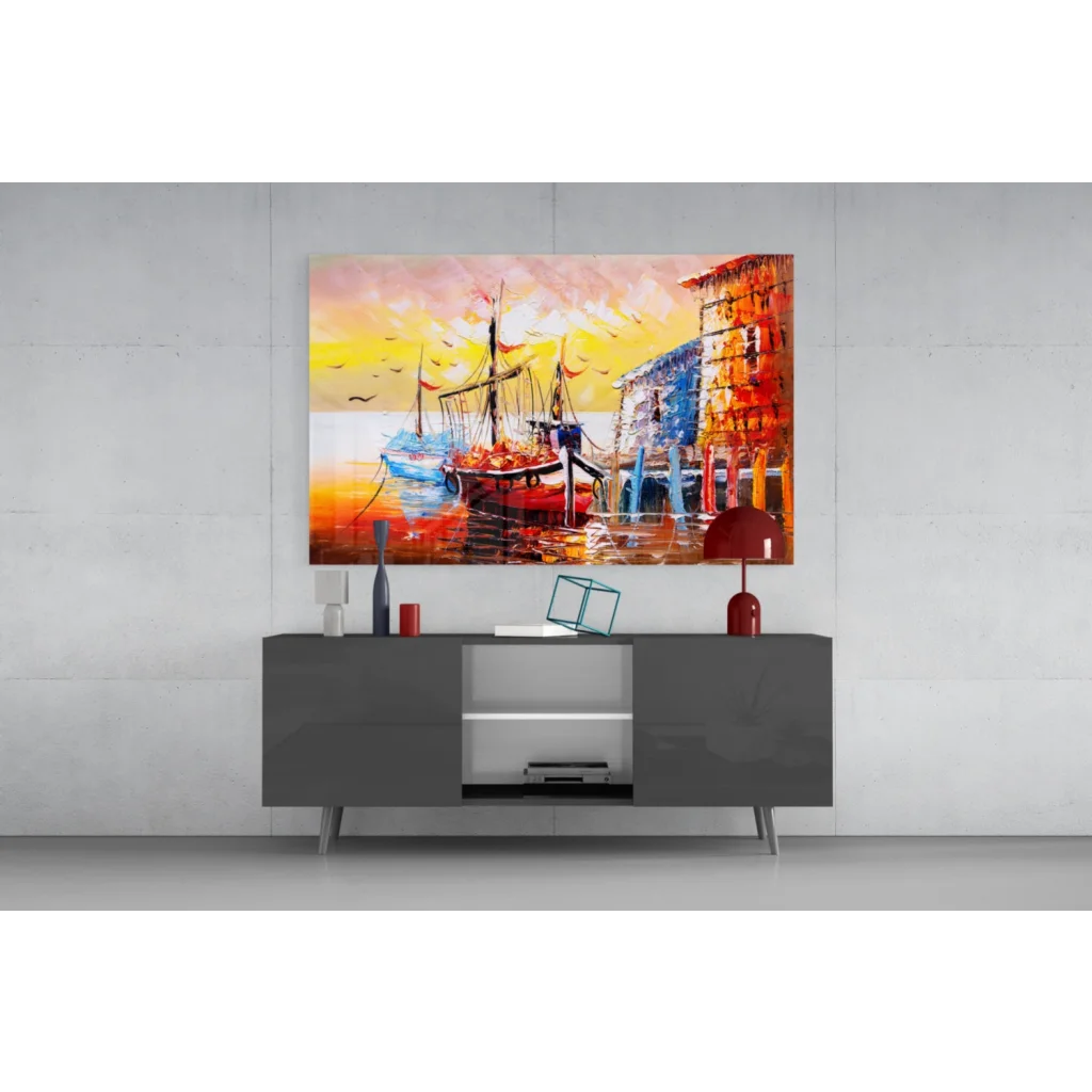 Vibrant abstract glass wall art of harbor with boats in bold orange hues