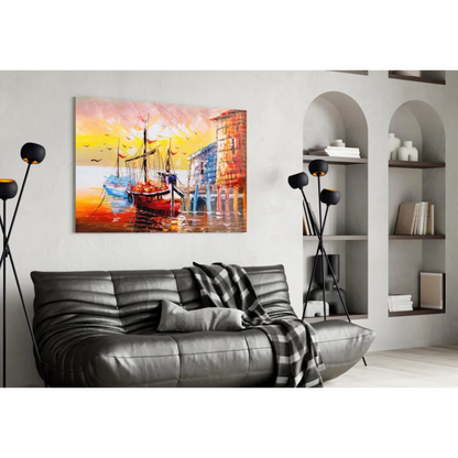 Vibrant glass wall art of harbor sunset with boats in bold hues
