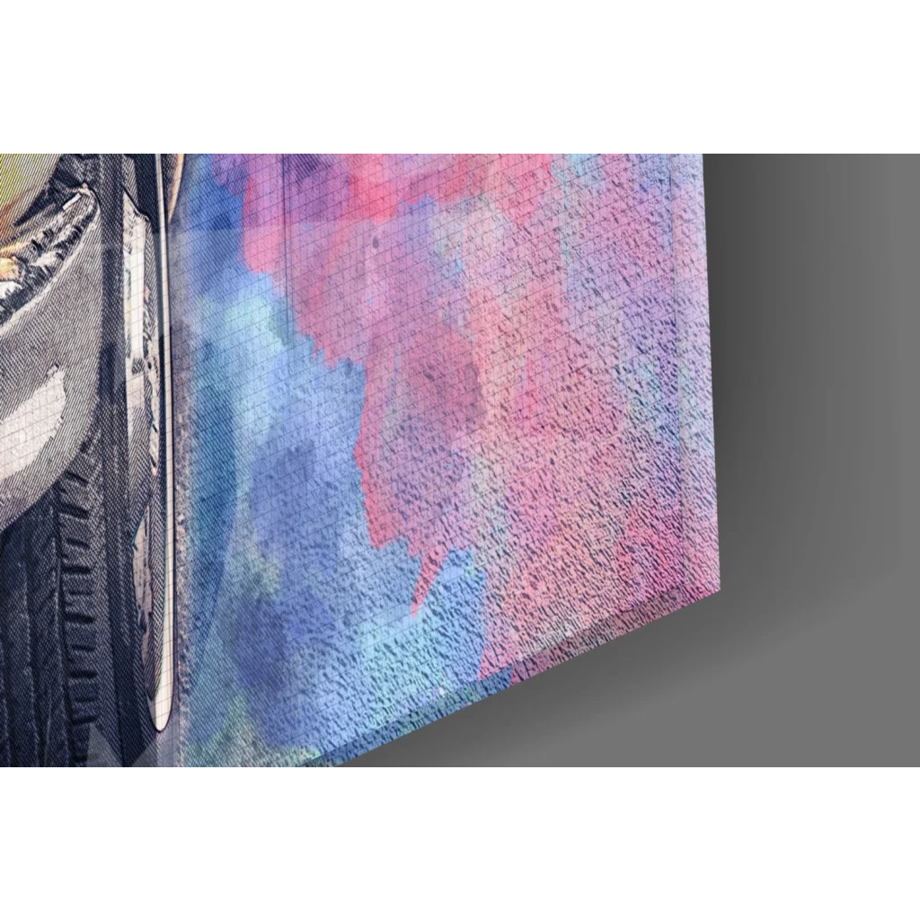 Vibrant pink blue purple abstract wall art on vintage yellow car canvas