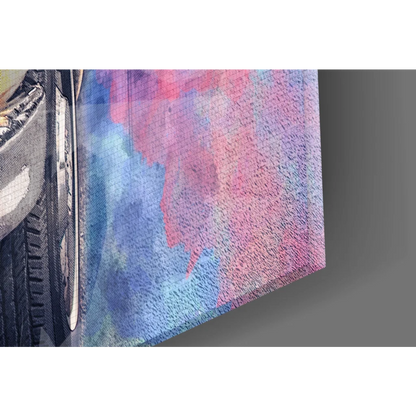Vibrant pink blue purple abstract wall art on vintage yellow car canvas