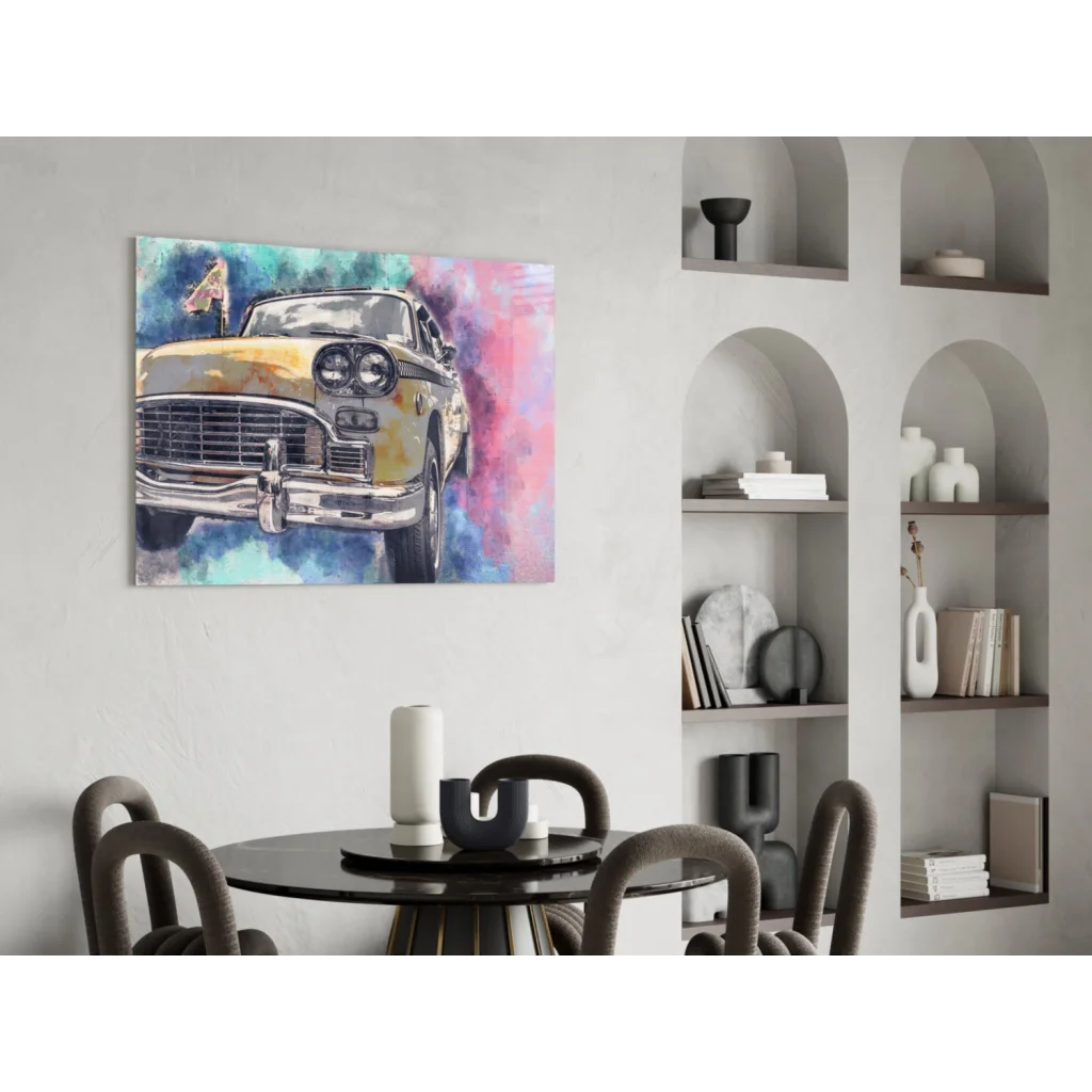 Vibrant yellow vintage car watercolor wall art on canvas