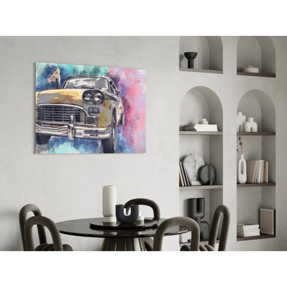Vibrant yellow vintage car watercolor wall art on canvas