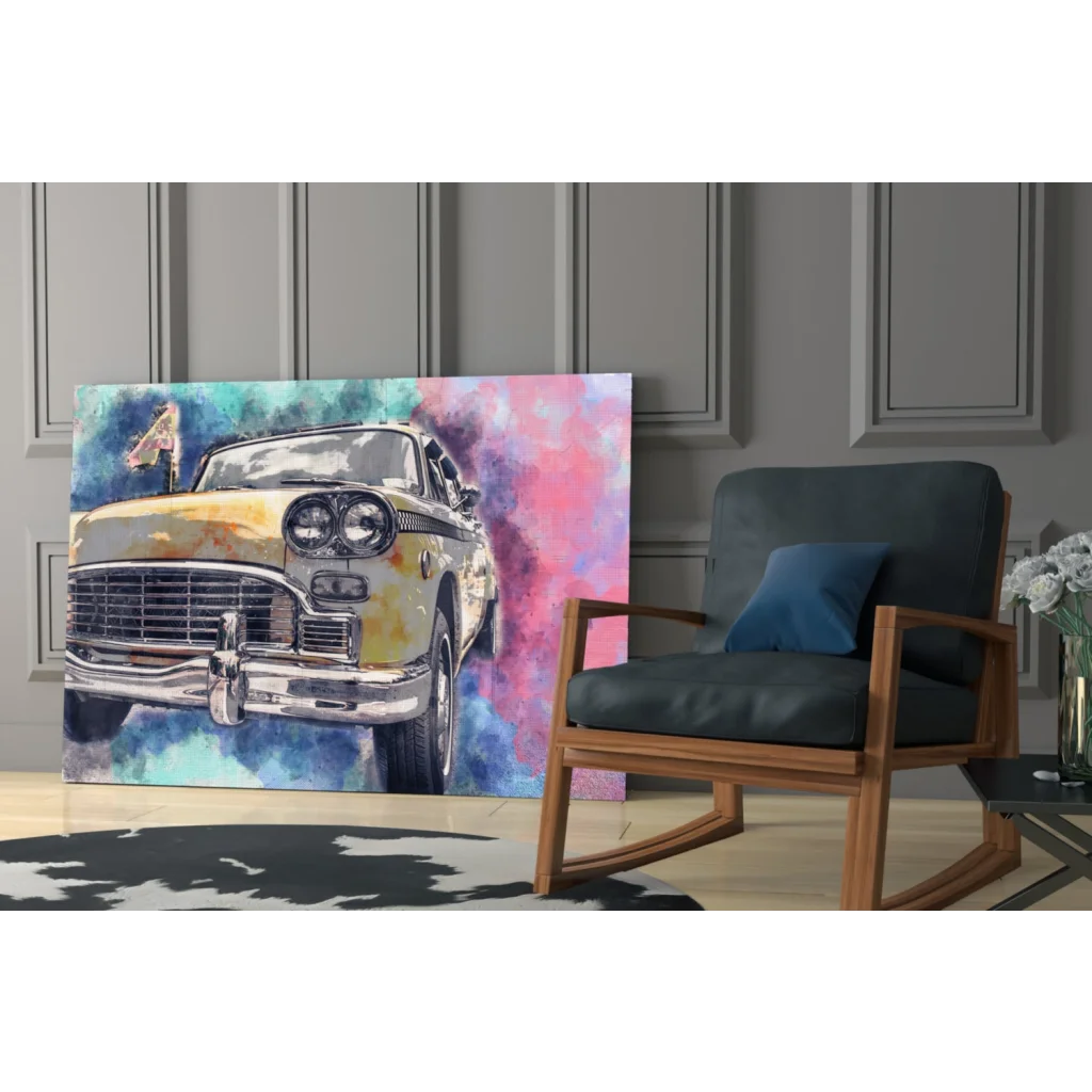 Vibrant watercolor yellow car wall art on canvas
