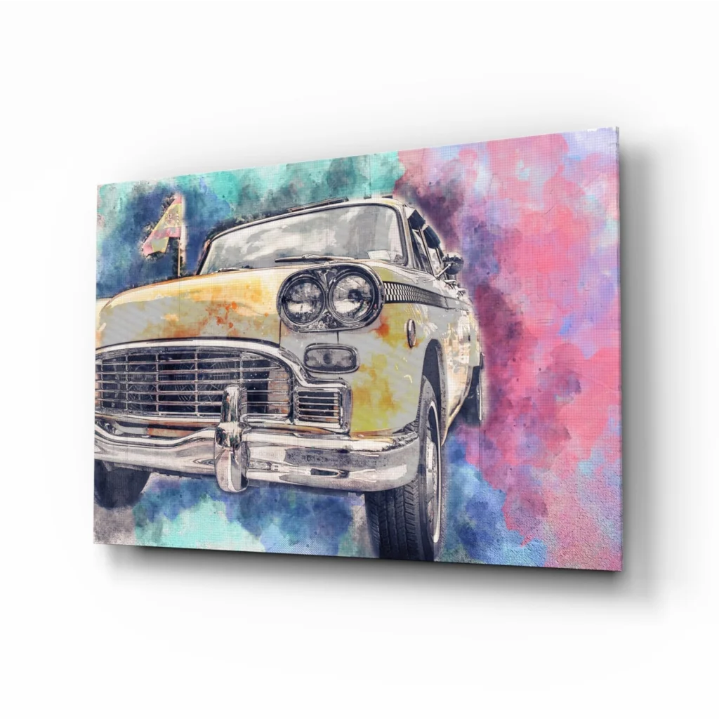 Vintage yellow car watercolor wall art on vibrant pink blue canvas