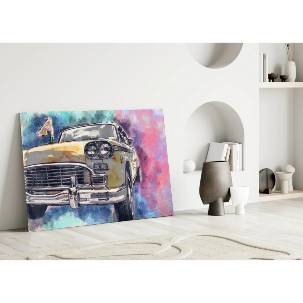 Vintage yellow car watercolor wall art on canvas
