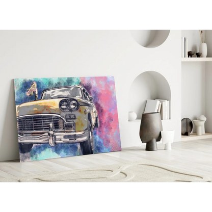 Vintage yellow car watercolor wall art on canvas