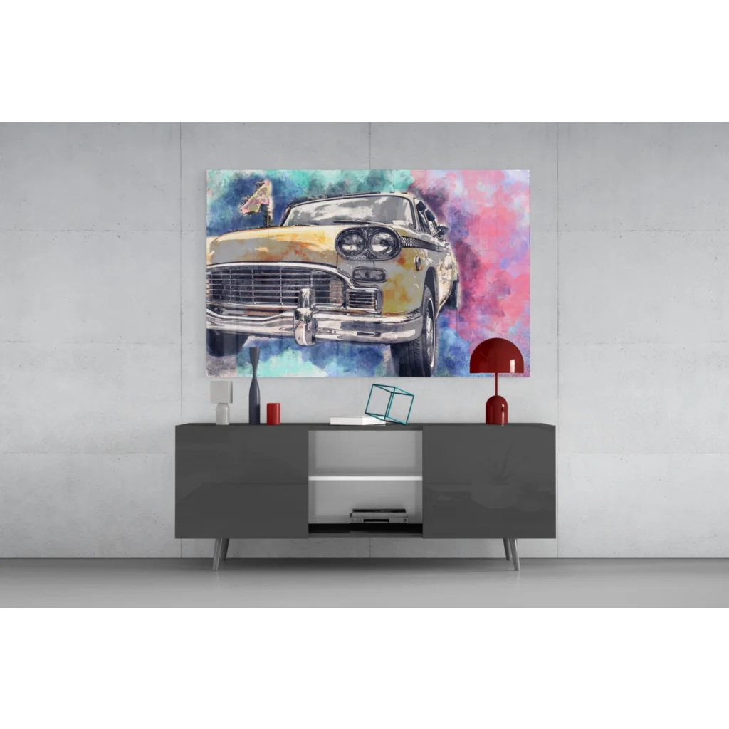 Vintage yellow car watercolor wall art on vibrant pink blue background