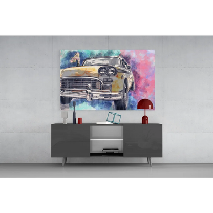 Vintage yellow car watercolor wall art on vibrant pink blue background