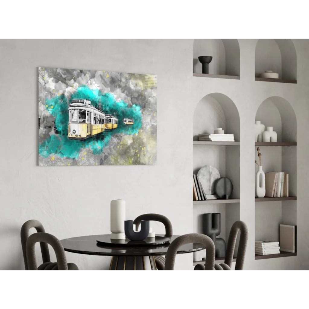 Vibrant turquoise and gray abstract canvas wall art with vintage yellow tram