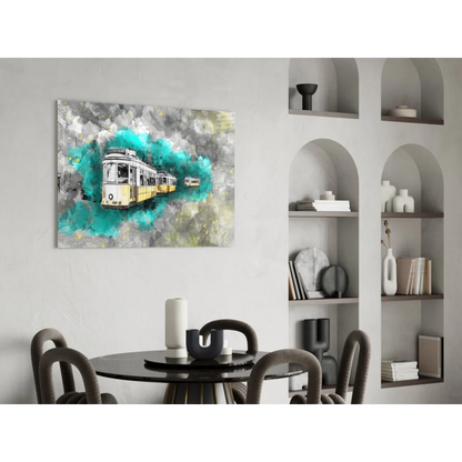 Vibrant turquoise and gray abstract canvas wall art with vintage yellow tram