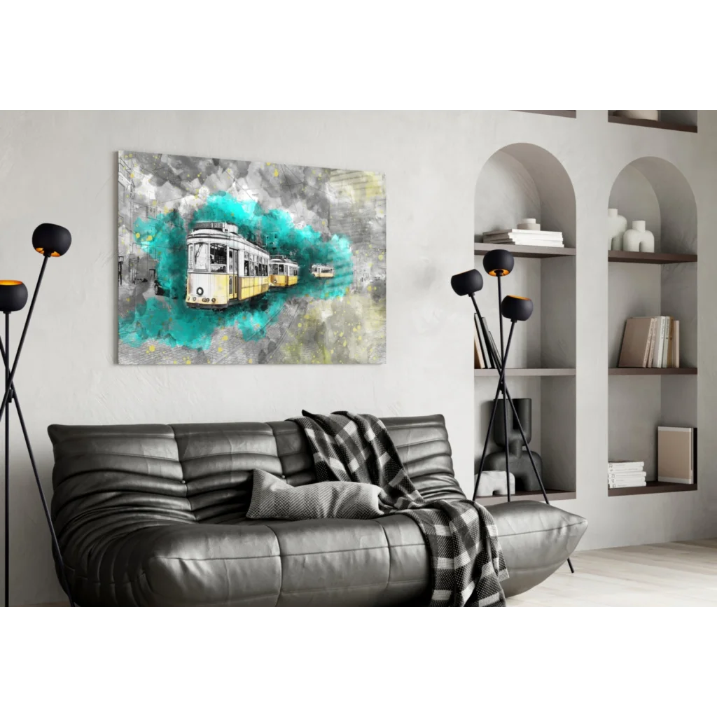 Vintage Yellow Tram Splash Canvas Wall Art Print | Contemporary Home Wall Art | vintageantiquesgifts.com