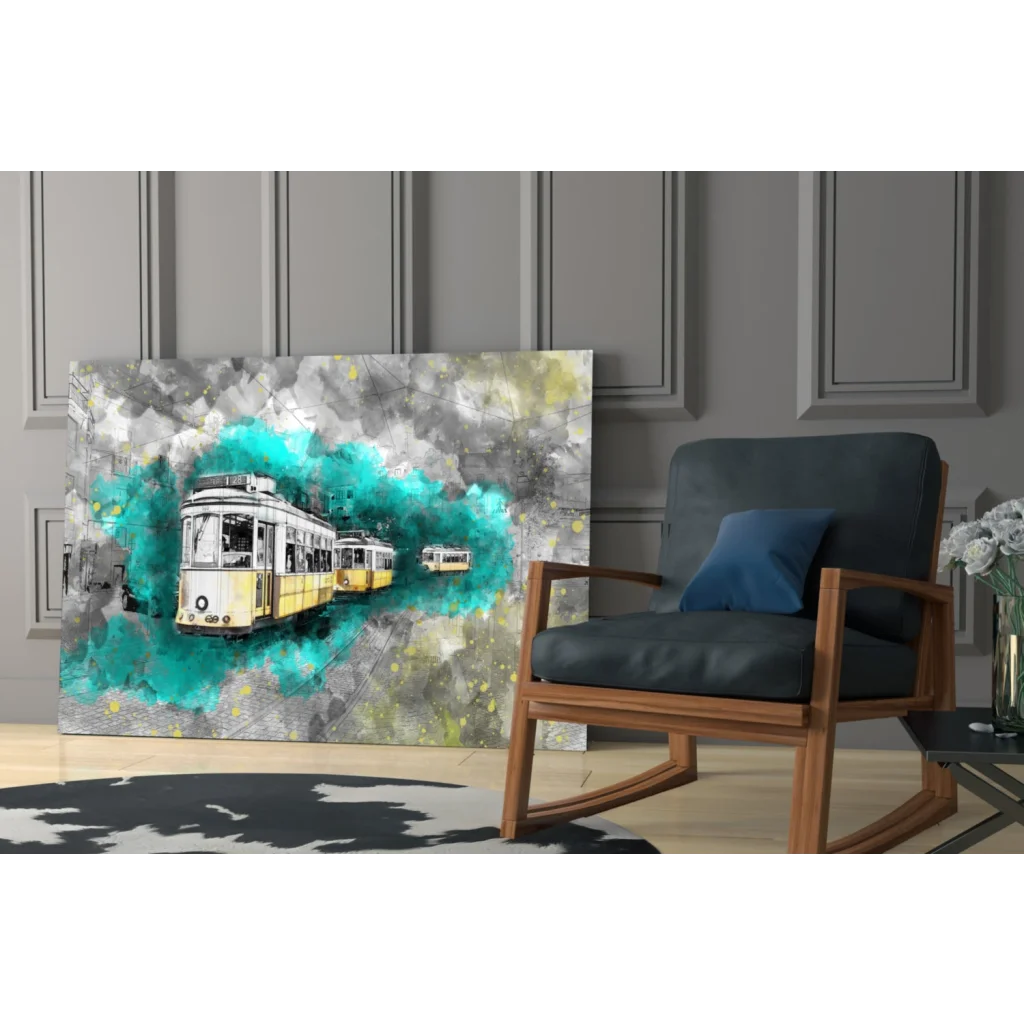 Vibrant yellow tram splash wall art canvas print