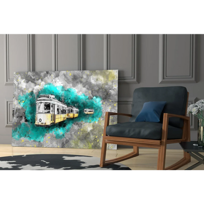 Vibrant yellow tram splash wall art canvas print