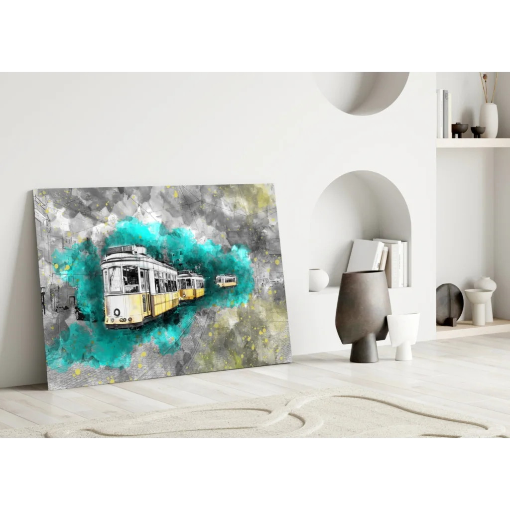 Vintage Yellow Tram Splash Canvas Wall Art Print | Modern Wall Art Decor | vintageantiquesgifts.com