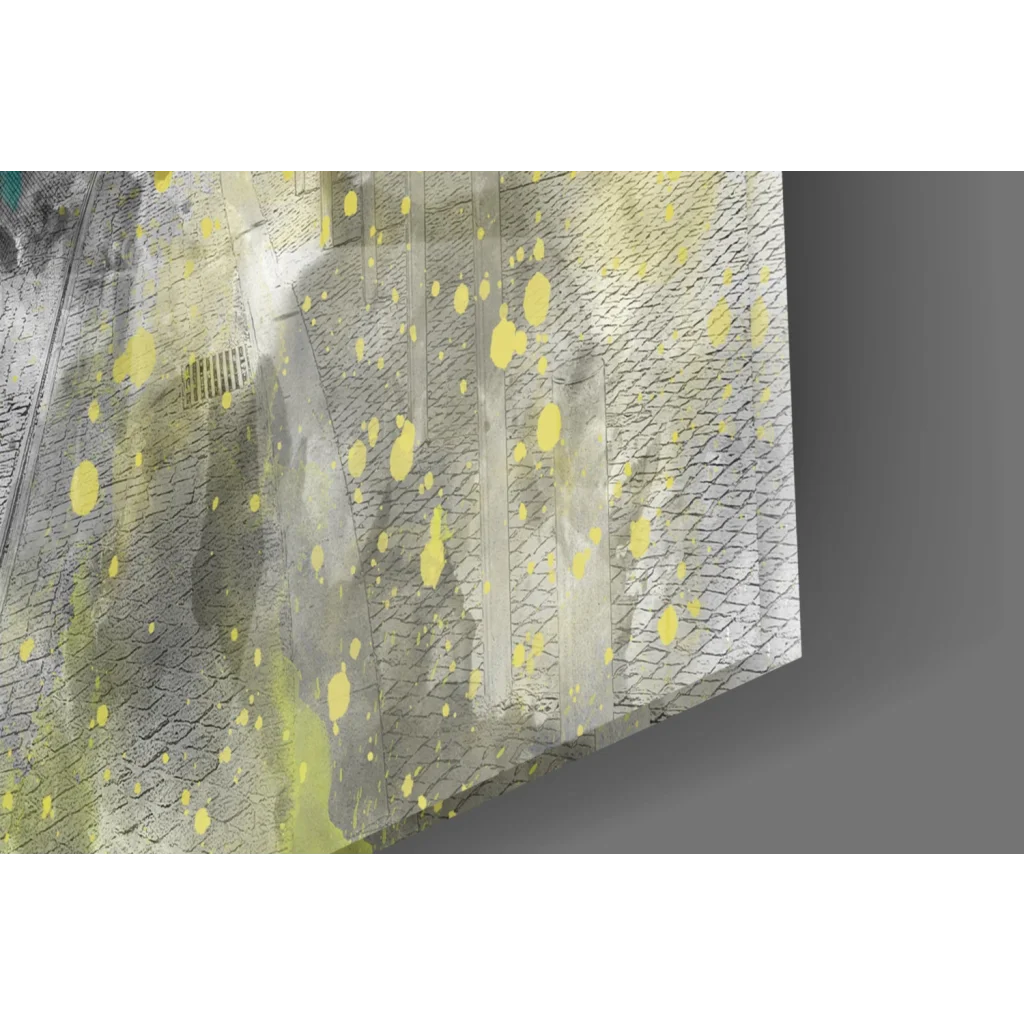 Textured gray concrete wall art with yellow paint splatters, vintage tram splash print