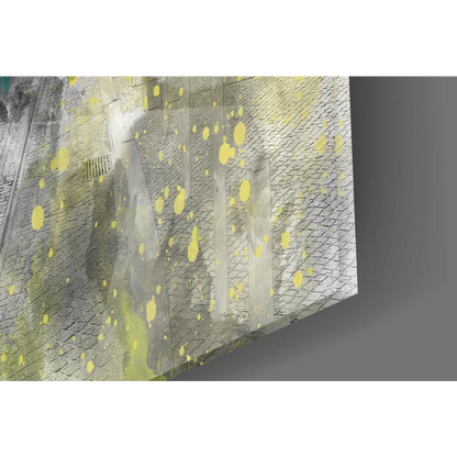 Textured gray concrete wall art with yellow paint splatters, vintage tram splash print